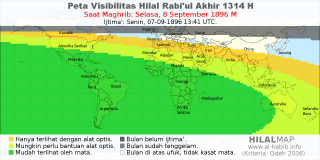 HilalMap: Peta Visibilitas Hilal Rabiul-Akhir 1314 H: rukyat tanggal 1896-9-8 M