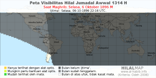 HilalMap: Peta Visibilitas Hilal Jumadal-Awwal 1314 H: rukyat tanggal 1896-10-6 M