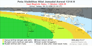 HilalMap: Peta Visibilitas Hilal Jumadal-Awwal 1314 H: rukyat tanggal 1896-10-7 M