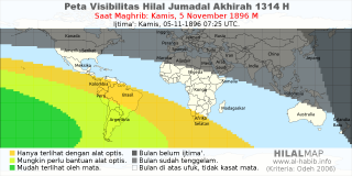 HilalMap: Peta Visibilitas Hilal Jumadal-Akhirah 1314 H: rukyat tanggal 1896-11-5 M