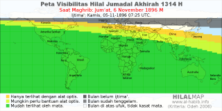HilalMap: Peta Visibilitas Hilal Jumadal-Akhirah 1314 H: rukyat tanggal 1896-11-6 M