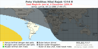 HilalMap: Peta Visibilitas Hilal Rajab 1314 H: rukyat tanggal 1896-12-4 M