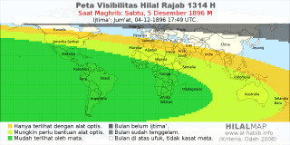 HilalMap: Peta Visibilitas Hilal Rajab 1314 H: rukyat tanggal 1896-12-5 M