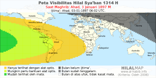 HilalMap: Peta Visibilitas Hilal Syaban 1314 H: rukyat tanggal 1897-1-3 M