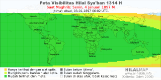 HilalMap: Peta Visibilitas Hilal Syaban 1314 H: rukyat tanggal 1897-1-4 M