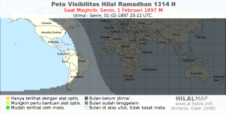 HilalMap: Peta Visibilitas Hilal Ramadhan 1314 H: rukyat tanggal 1897-2-1 M