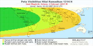 HilalMap: Peta Visibilitas Hilal Ramadhan 1314 H: rukyat tanggal 1897-2-2 M