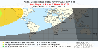 HilalMap: Peta Visibilitas Hilal Syawwal 1314 H: rukyat tanggal 1897-3-3 M