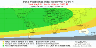 HilalMap: Peta Visibilitas Hilal Syawwal 1314 H: rukyat tanggal 1897-3-4 M