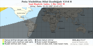 HilalMap: Peta Visibilitas Hilal Dzulhijjah 1314 H: rukyat tanggal 1897-5-1 M