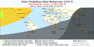 HilalMap: Peta Visibilitas Hilal Muharram 1315 H: rukyat tanggal 1897-5-31 M