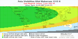 HilalMap: Peta Visibilitas Hilal Muharram 1315 H: rukyat tanggal 1897-6-1 M