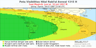 HilalMap: Peta Visibilitas Hilal Rabiul-Awwal 1315 H: rukyat tanggal 1897-7-30 M
