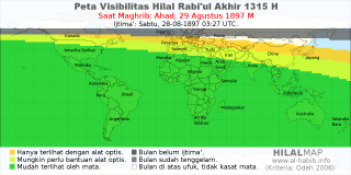 HilalMap: Peta Visibilitas Hilal Rabiul-Akhir 1315 H: rukyat tanggal 1897-8-29 M
