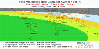 HilalMap: Peta Visibilitas Hilal Jumadal-Awwal 1315 H: rukyat tanggal 1897-9-27 M