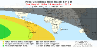 HilalMap: Peta Visibilitas Hilal Rajab 1315 H: rukyat tanggal 1897-11-24 M