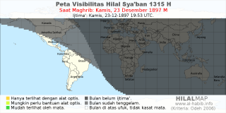 HilalMap: Peta Visibilitas Hilal Syaban 1315 H: rukyat tanggal 1897-12-23 M