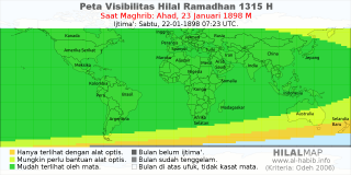 HilalMap: Peta Visibilitas Hilal Ramadhan 1315 H: rukyat tanggal 1898-1-23 M