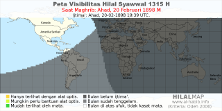 HilalMap: Peta Visibilitas Hilal Syawwal 1315 H: rukyat tanggal 1898-2-20 M