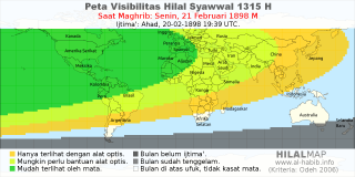 HilalMap: Peta Visibilitas Hilal Syawwal 1315 H: rukyat tanggal 1898-2-21 M