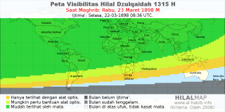 HilalMap: Peta Visibilitas Hilal Dzulqaidah 1315 H: rukyat tanggal 1898-3-23 M