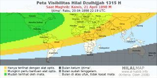 HilalMap: Peta Visibilitas Hilal Dzulhijjah 1315 H: rukyat tanggal 1898-4-21 M