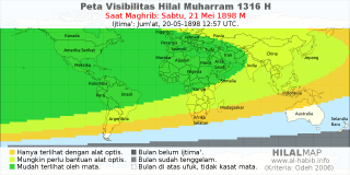HilalMap: Peta Visibilitas Hilal Muharram 1316 H: rukyat tanggal 1898-5-21 M