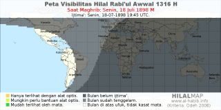 HilalMap: Peta Visibilitas Hilal Rabiul-Awwal 1316 H: rukyat tanggal 1898-7-18 M