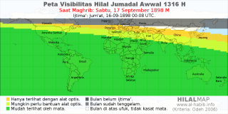 HilalMap: Peta Visibilitas Hilal Jumadal-Awwal 1316 H: rukyat tanggal 1898-9-17 M