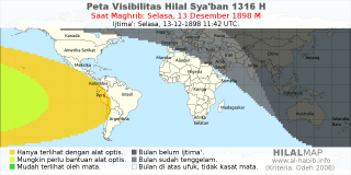 HilalMap: Peta Visibilitas Hilal Syaban 1316 H: rukyat tanggal 1898-12-13 M