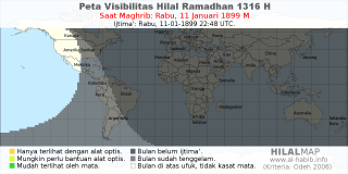 HilalMap: Peta Visibilitas Hilal Ramadhan 1316 H: rukyat tanggal 1899-1-11 M
