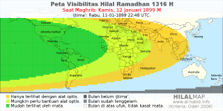 HilalMap: Peta Visibilitas Hilal Ramadhan 1316 H: rukyat tanggal 1899-1-12 M