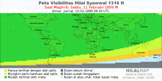 HilalMap: Peta Visibilitas Hilal Syawwal 1316 H: rukyat tanggal 1899-2-11 M