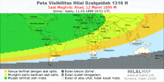 HilalMap: Peta Visibilitas Hilal Dzulqaidah 1316 H: rukyat tanggal 1899-3-12 M