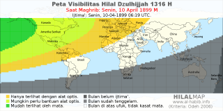 HilalMap: Peta Visibilitas Hilal Dzulhijjah 1316 H: rukyat tanggal 1899-4-10 M