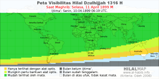 HilalMap: Peta Visibilitas Hilal Dzulhijjah 1316 H: rukyat tanggal 1899-4-11 M