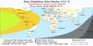 HilalMap: Peta Visibilitas Hilal Shafar 1317 H: rukyat tanggal 1899-6-8 M