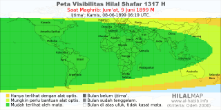 HilalMap: Peta Visibilitas Hilal Shafar 1317 H: rukyat tanggal 1899-6-9 M