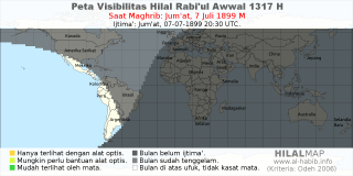HilalMap: Peta Visibilitas Hilal Rabiul-Awwal 1317 H: rukyat tanggal 1899-7-7 M