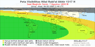HilalMap: Peta Visibilitas Hilal Rabiul-Akhir 1317 H: rukyat tanggal 1899-8-7 M