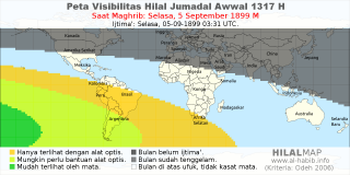 HilalMap: Peta Visibilitas Hilal Jumadal-Awwal 1317 H: rukyat tanggal 1899-9-5 M