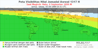 HilalMap: Peta Visibilitas Hilal Jumadal-Awwal 1317 H: rukyat tanggal 1899-9-6 M