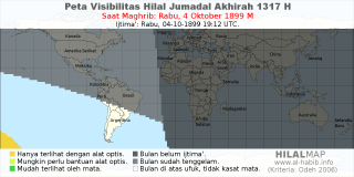 HilalMap: Peta Visibilitas Hilal Jumadal-Akhirah 1317 H: rukyat tanggal 1899-10-4 M