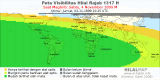 HilalMap: Peta Visibilitas Hilal Rajab 1317 H: rukyat tanggal 1899-11-4 M