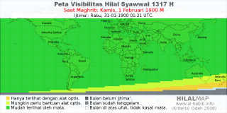 HilalMap: Peta Visibilitas Hilal Syawwal 1317 H: rukyat tanggal 1900-2-1 M