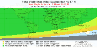 HilalMap: Peta Visibilitas Hilal Dzulqaidah 1317 H: rukyat tanggal 1900-3-2 M