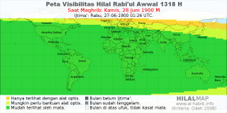 HilalMap: Peta Visibilitas Hilal Rabiul-Awwal 1318 H: rukyat tanggal 1900-6-28 M