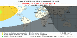 HilalMap: Peta Visibilitas Hilal Syawwal 1318 H: rukyat tanggal 1901-1-20 M