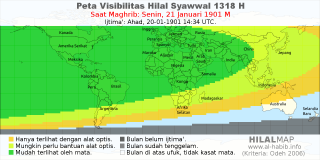 HilalMap: Peta Visibilitas Hilal Syawwal 1318 H: rukyat tanggal 1901-1-21 M
