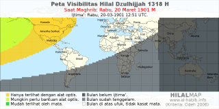 HilalMap: Peta Visibilitas Hilal Dzulhijjah 1318 H: rukyat tanggal 1901-3-20 M